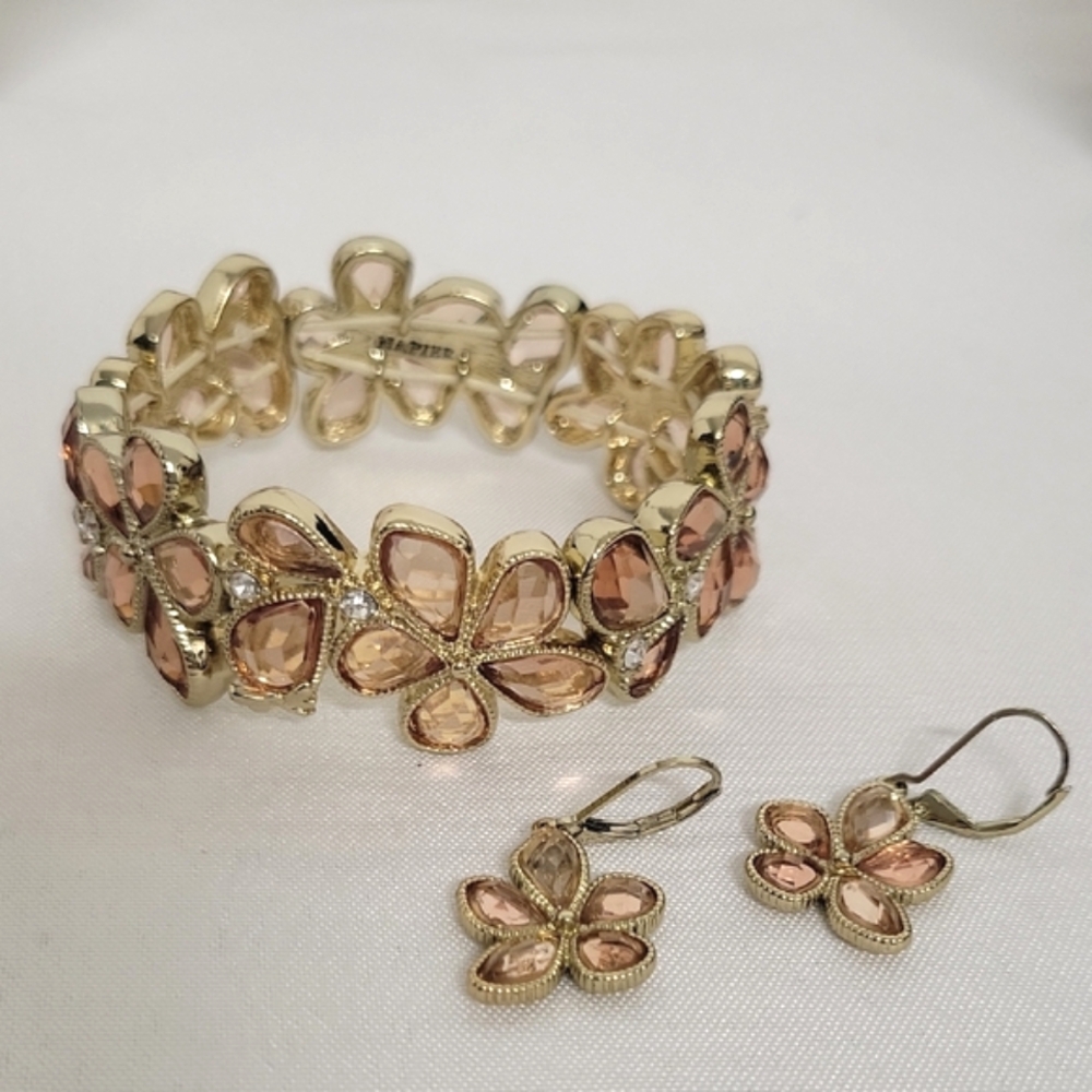 Napier Gorgeous Gold and Peach Tone Blossom Bracelet And Earings Set